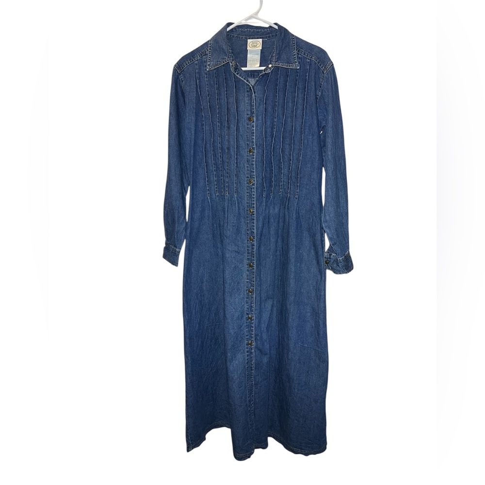 Vintage Laura Ashley Denim Maxi Dress Button Up Collar Long Cottage Prairie Sz 8